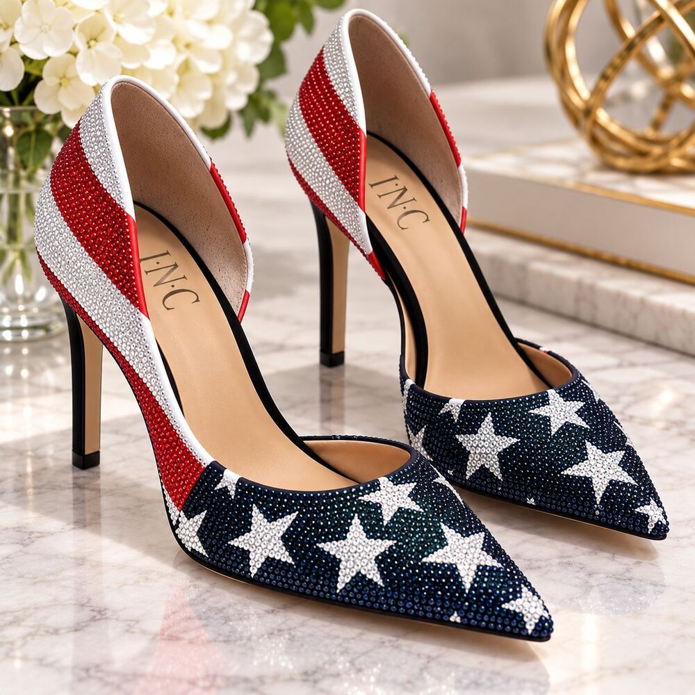 INC International Concepts American Flag Kenjay Rhinestone Heels Pumps Size 8